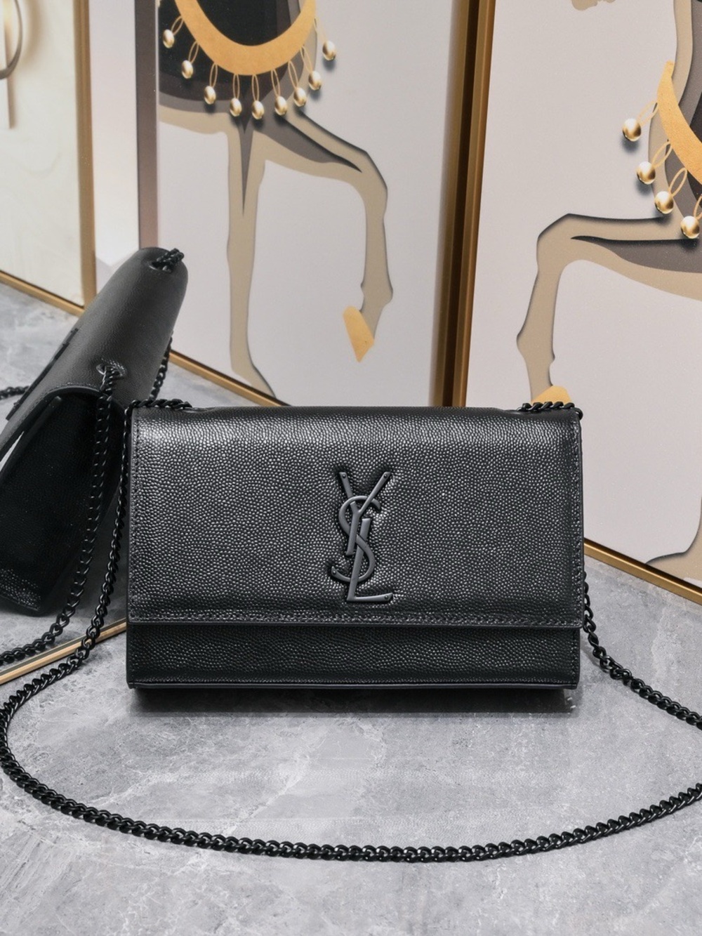 Saint Laurent Black Pebbled Leather Chain Crossbody Wallet